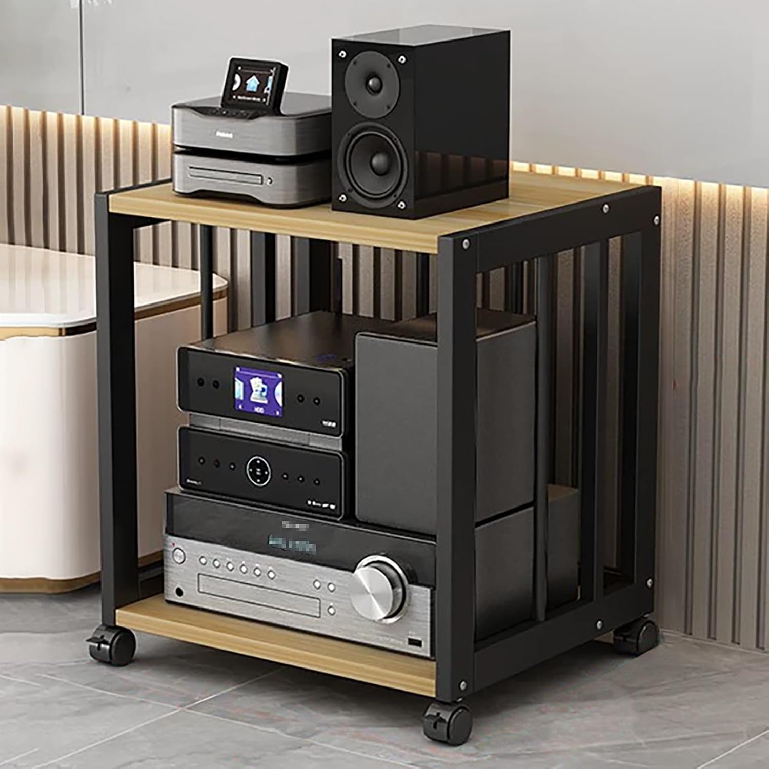 AV Component Media Stand - Adjustable Media Storage Cabinet with Movable Audio Rack, Heavy-Duty Steel Frame, 200kg Capacity, 2-Tier Design (Black & Natural, 50x40x49cm)
