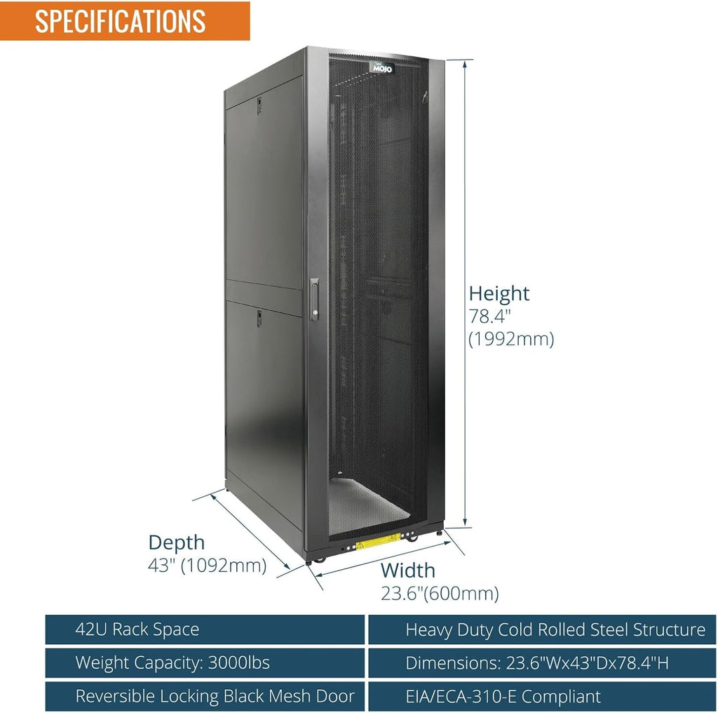 Tecmojo 42U Server Rack Cabinet - PRE-Assembled 24inch Width 43inch Depth IT Network Equipment Cabinet Rack Enclosure with Casters - 3000lbs Weight Capacity