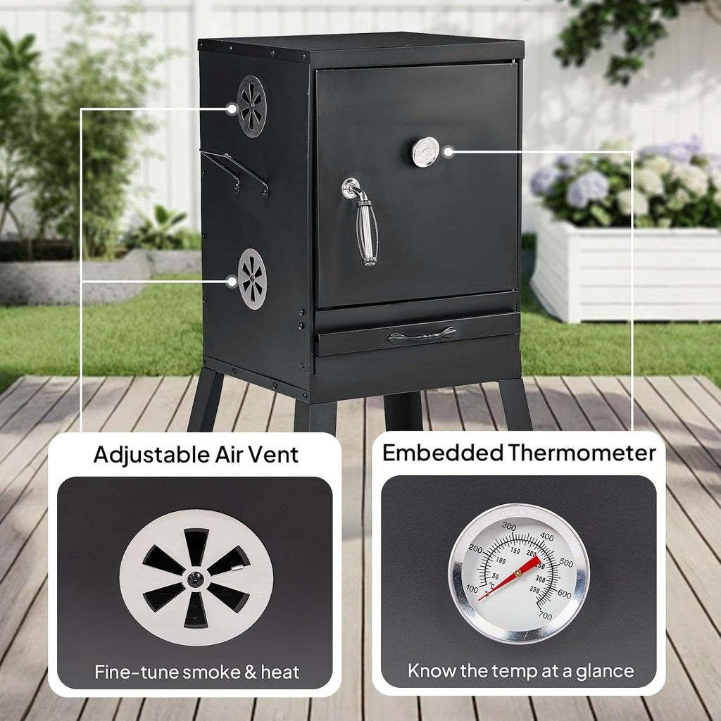 ROVSUN 2-in-1 Outdoor Smoker with Door, Vertical Portable Charcoal Grill with Two Detachable Grill Smoking Racks and Charcoal Pan, Perfect for Camping Barbecue, Small Families, Black