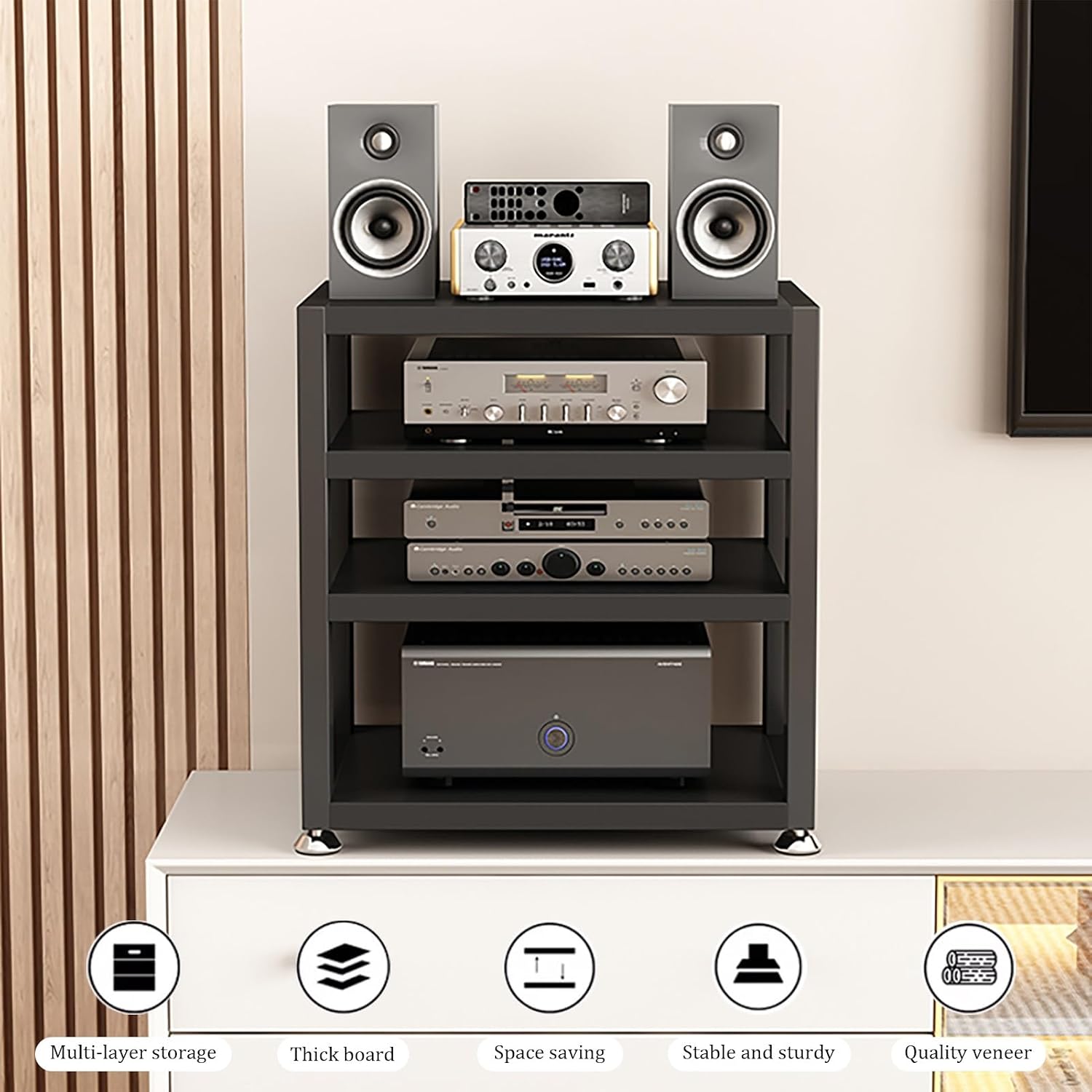 Modern Audio Rack - Black AV Media Stand with 3 Tiers, Spacious Storage Shelf for Stereo Equipment, Sturdy Steel Frame, Foot Pads, 40x35x35.5CM - Stylish Media Storage Solution