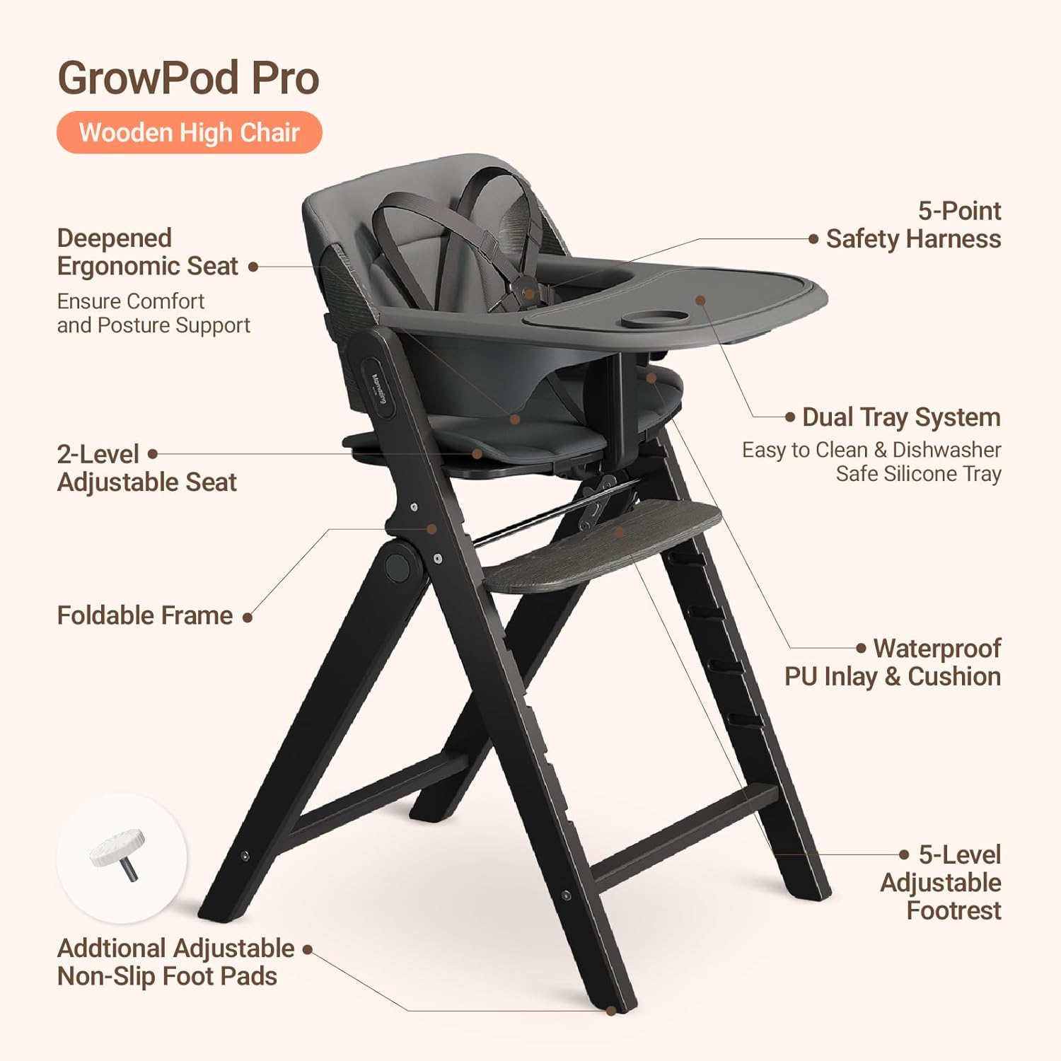 Mamazing GrowPod Pro Wooden Baby High Chair for 6 Months to 300lbs, Easy to Clean with Tray, Compact Foldable Highchair for Kitchen & Dining Room, with 5-Point Safety Harnesses and Guard Bar