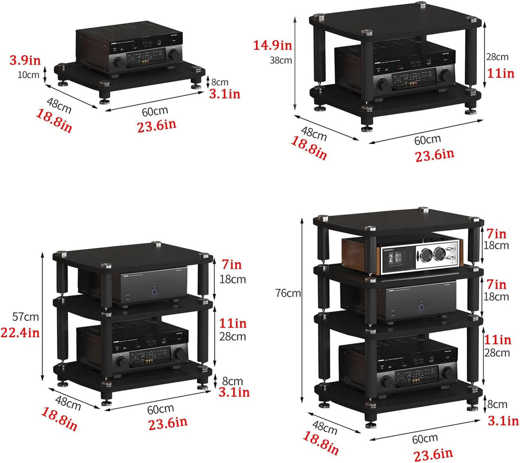 1 Tier Audio Rack with Stainless Steel Legs, Open Media Storage Cabinet, Shock-Absorbing TV Stand, Stylish Black Entertainment Unit, 60x48x10cm for Home Theater