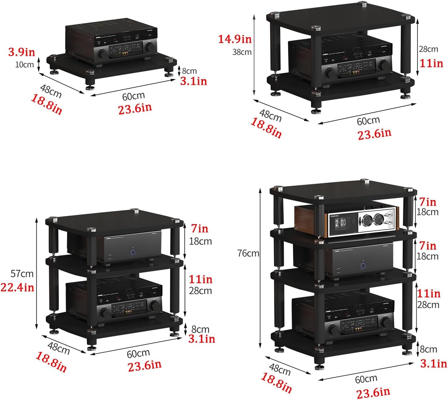 1 Tier Audio Rack with Stainless Steel Legs, Open Media Storage Cabinet, Shock-Absorbing TV Stand, Stylish Black Entertainment Unit, 60x48x10cm for Home Theater