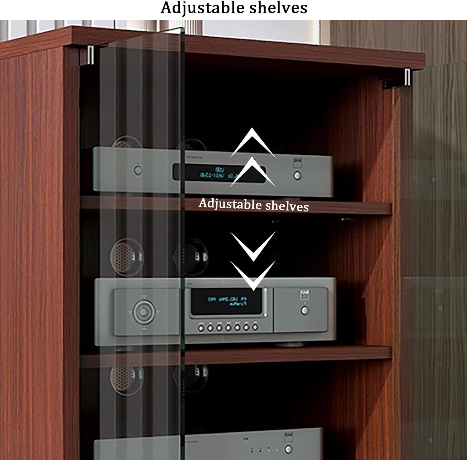 Modern Stereo Cabinet, 2-Tier Media Stand with Glass Doors, Adjustable Shelves, Cable Management, AV Storage Unit for TV & Audio Equipment (Black, 120x48x37cm)