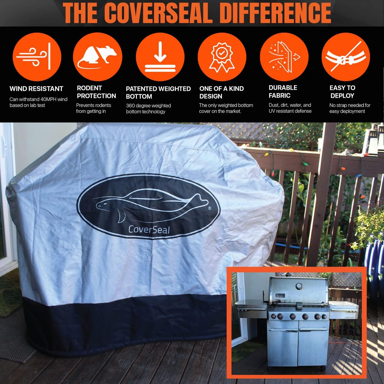 XL BBQ Grill Cover - Weather Resistant Outdoor Barbecue Apron for 5 Burner Grill with Side Trays - Compact Seal from Ground Up - Silver -72in L x 30in W x 48in H