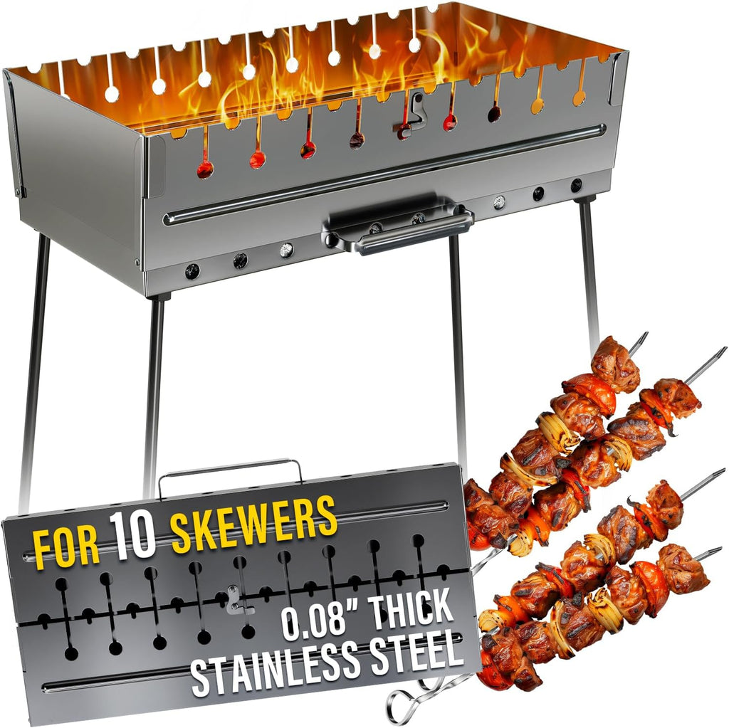 Stainless Steel Charcoal Grill for 10 Skewers – Portable BBQ 20.87'×11.81'×25.2' – Foldable Kabob Mangal – Durable Rustproof Grill for Picnic & Camping (Skewers Not Included)