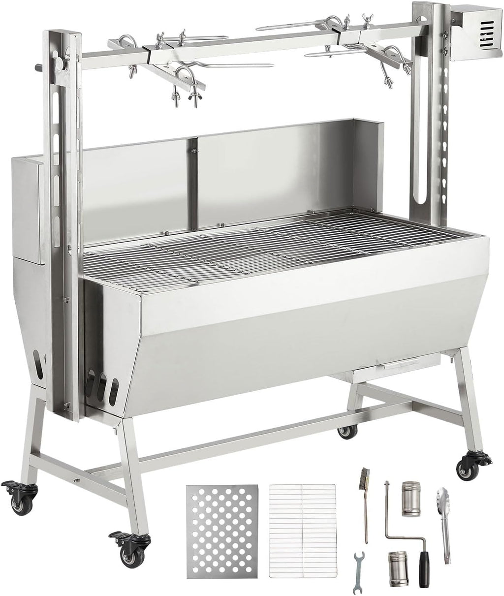 GarveeTech 37in Stainless Steel Electric Rotisserie Grill - 132LB Capacity for Whole Pig & Lamb, Charcoal Spit Roaster with Wind Screen, 50W Motor & Lockable Casters, Outdoor Camping BBQ