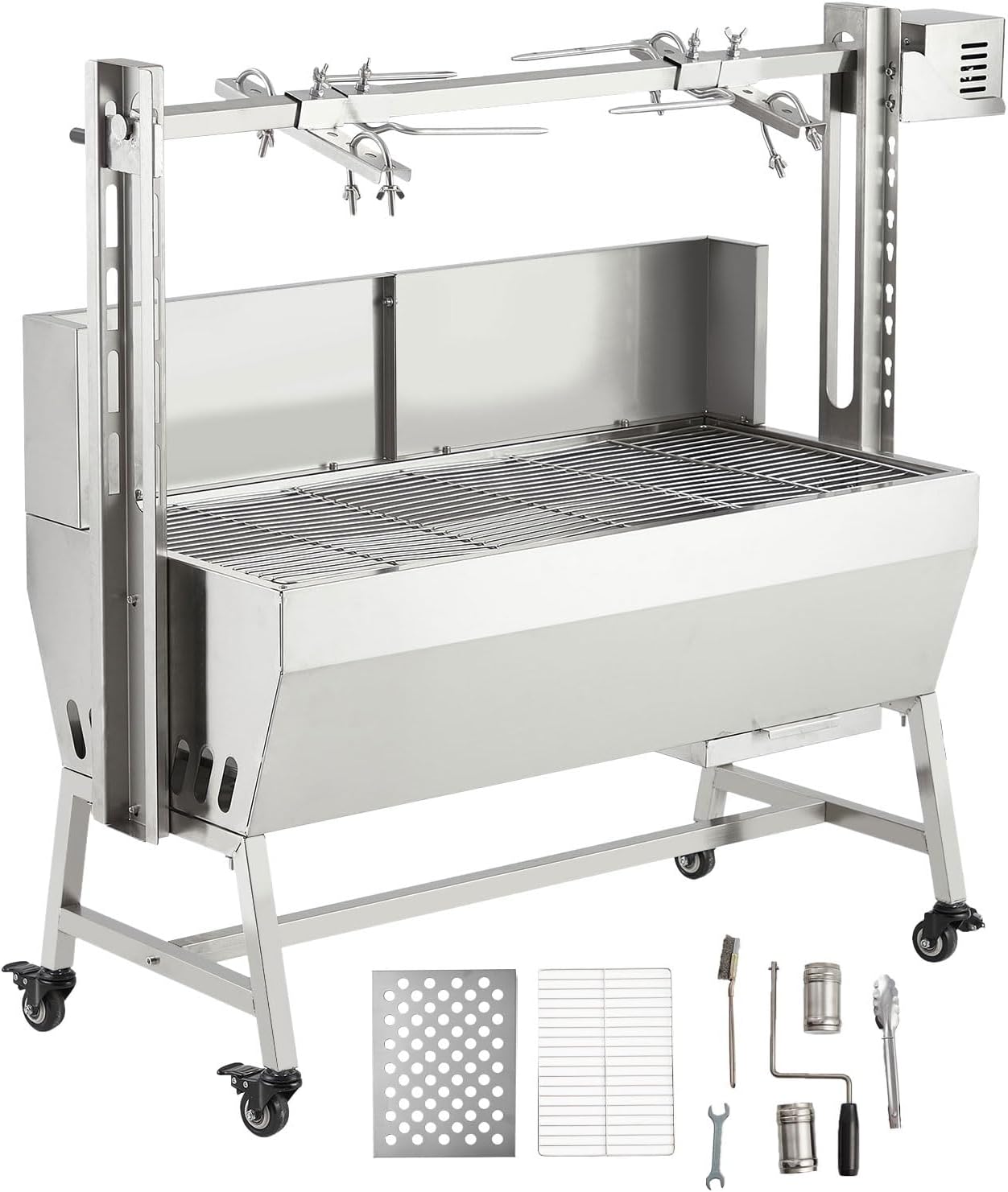 GarveeTech 37in Stainless Steel Electric Rotisserie Grill - 132LB Capacity for Whole Pig & Lamb, Charcoal Spit Roaster with Wind Screen, 50W Motor & Lockable Casters, Outdoor Camping BBQ