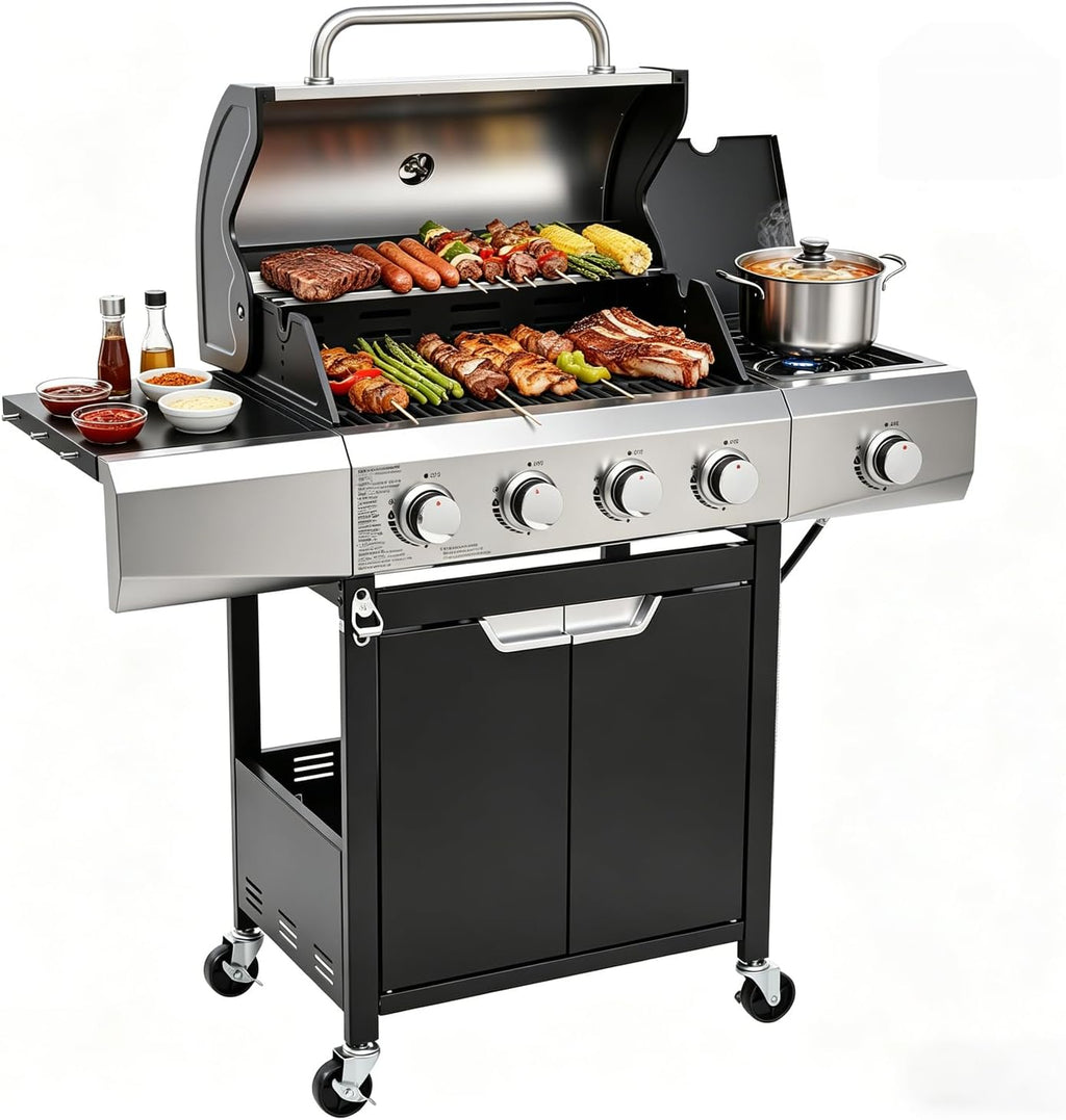 EUHOME Upgraded 51,000 BTU 4-Burner Propane Gas Grill with Side Burner – Large 452 sq.in Porcelain-Enameled Cast Iron Grates, Stainless Steel Body, 4 Swivel Casters for Backyard Patio & Tailgating