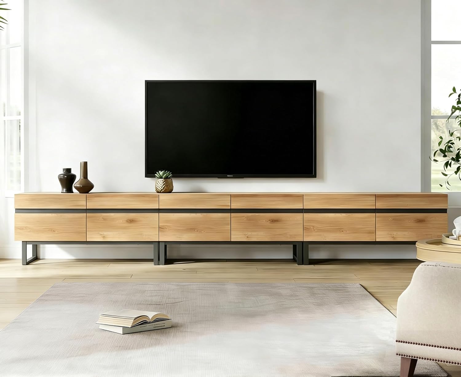WAMPAT Modern TV Stand for 32-110 Inch TVs, Wood Entertainment Center with Metal Base Storage Cabinets, Media TV Console for Living Room, Oak, 3Pcs