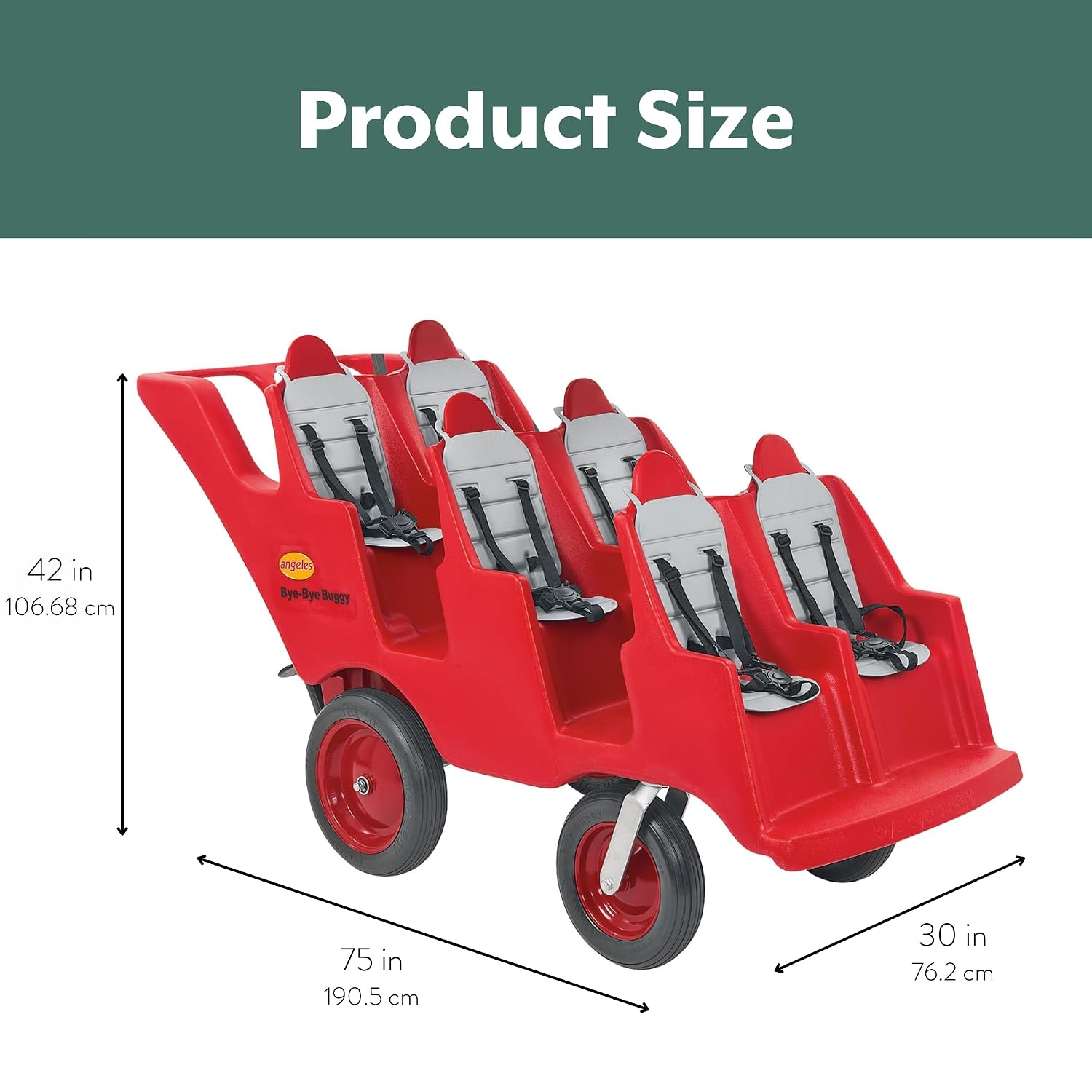 Angeles Bye Bye Buggy 6 Passenger Stroller, Sturdy Daycare Stroller with Fat Tires, Easy-to-Fasten Safety Buckles, Parking Brake, & 360 Pivoting Wheels, Red