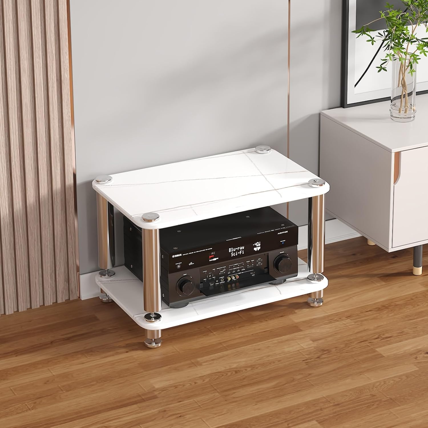 Audio Rack AV Media Stand with 1/2/3/4-Tier Tempered Glass Shelves, Storage Rack Audio Tower Equipment Console Shelf, for Home Office Theater(White,38cm/15in)