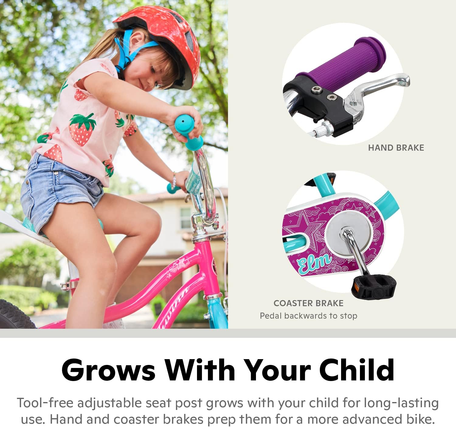 Schwinn Elm Bike, 14 Inch Bike for Kids Ages 3-4, SmartStart Ergonomic Design for Kids, Adjustable Seat Grows with your Child, Rear Coaster Brake and Front Caliper Brake, Training Bicycle