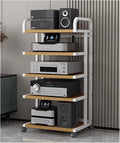 Audio Rack Av Tower Media Stand 5-Tier Electronics Equipment Shelf, Heavy Duty 106cm Tall Mobile Stereo Racks Cart on Wheels, Floor-Standing Commercial Home Media Stand, White