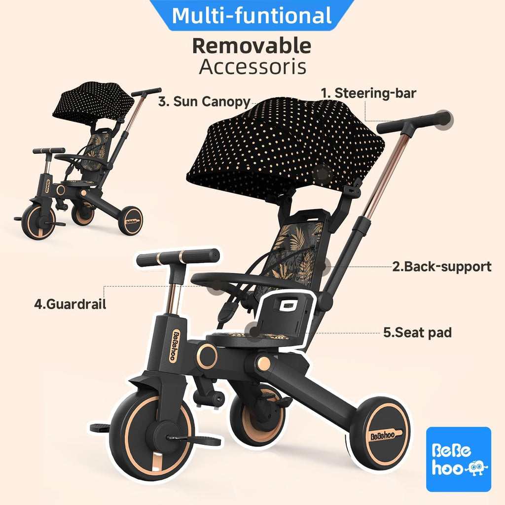 Tricycle Stroller for Toddler,Foldable Baby Tricycle,Kids Balance Bike with Push Handle,Toddlers Stroller Bike with 1 to 5 Years,7-in-1 Push Tricycle Bike for Kids(Gold)