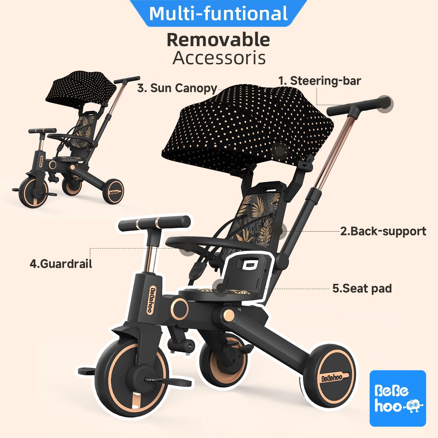 Tricycle Stroller for Toddler,Foldable Baby Tricycle,Kids Balance Bike with Push Handle,Toddlers Stroller Bike with 1 to 5 Years,7-in-1 Push Tricycle Bike for Kids(Gold)