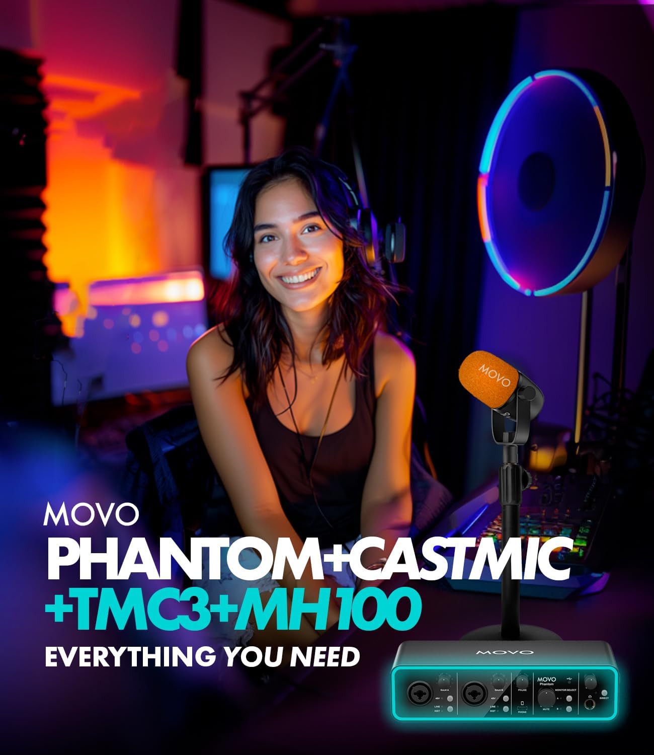 Movo Podcast Equipment Bundle for 2 with USB Audio Interface and 2 CastMic Dynamic Podcast Microphone Bundle with Mic Stands and Headphones for Podcasting, Streaming, and Musicians - Podcast Kit