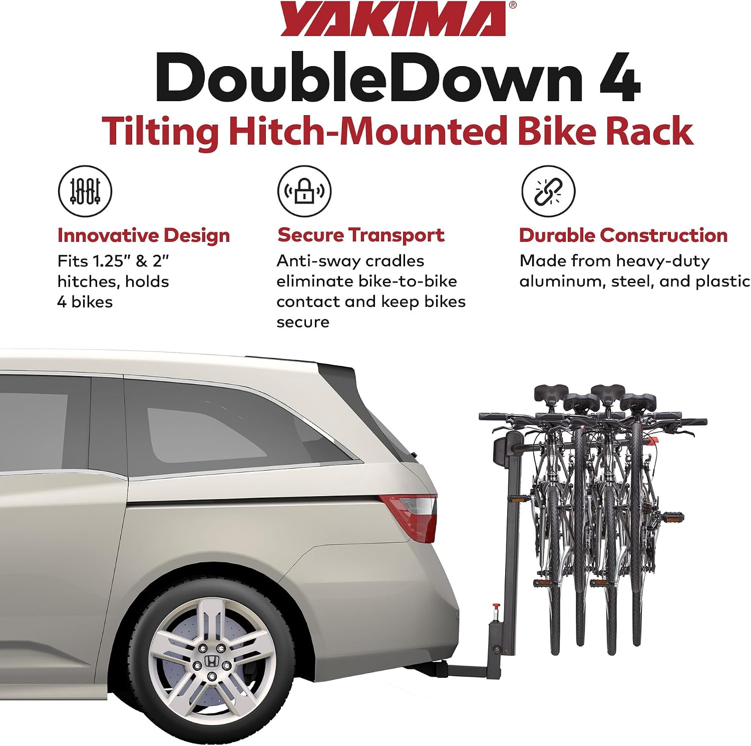 YAKIMA, DoubleDown 4 Tilting Hitch-Mounted Bike Rack for Cars, SUVs, Trucks and More, Fits 1.25' and 2' Hitches, Carries 4 Bikes