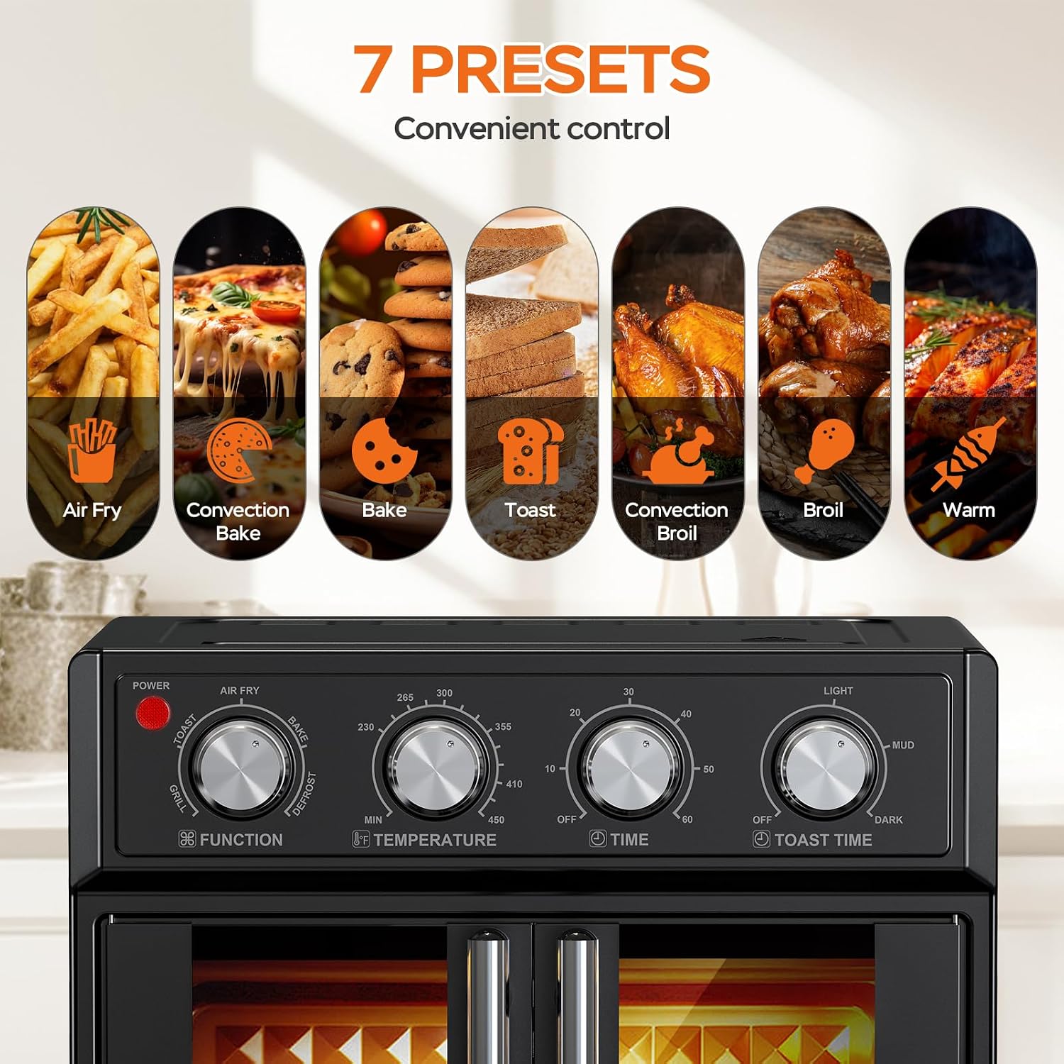 26QT Air Fryer Toaster Oven Combo - French Doors & 7 Preset Menus, 1700W Stainless Steel Convection Countertop Oven for Bake, Roast, Grill, Toast, Dehydrate, Defrost, Easy to Clean (Black)