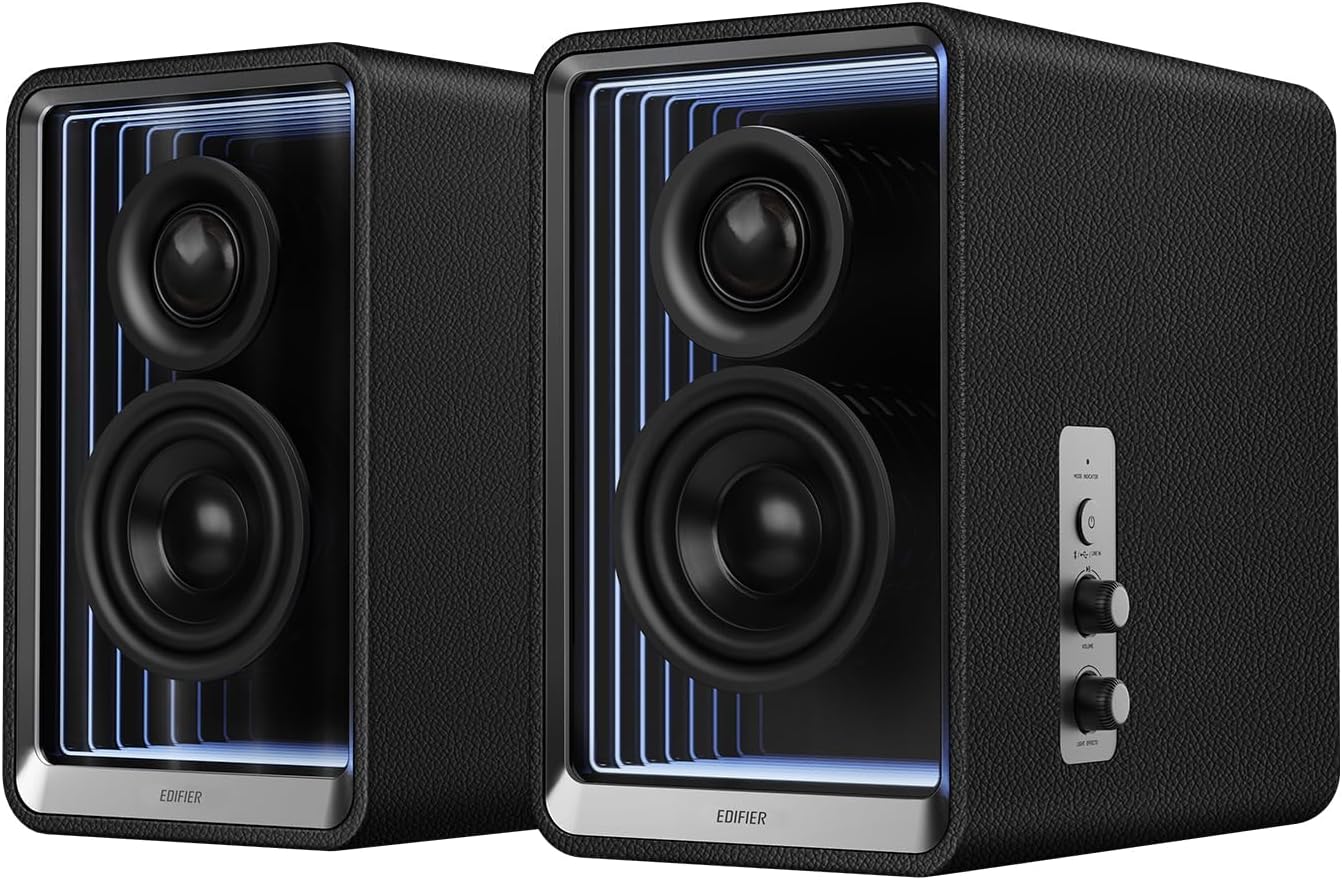 Edifier QR65 Desktop Active Monitor with 2.75' Long-Throw Aluminum Diaphragm mid-Low Drivers, Hi-Res Audio, Brilliant Light Effects, 70W Output Power Bluetooth Speakers with Stands - Black
