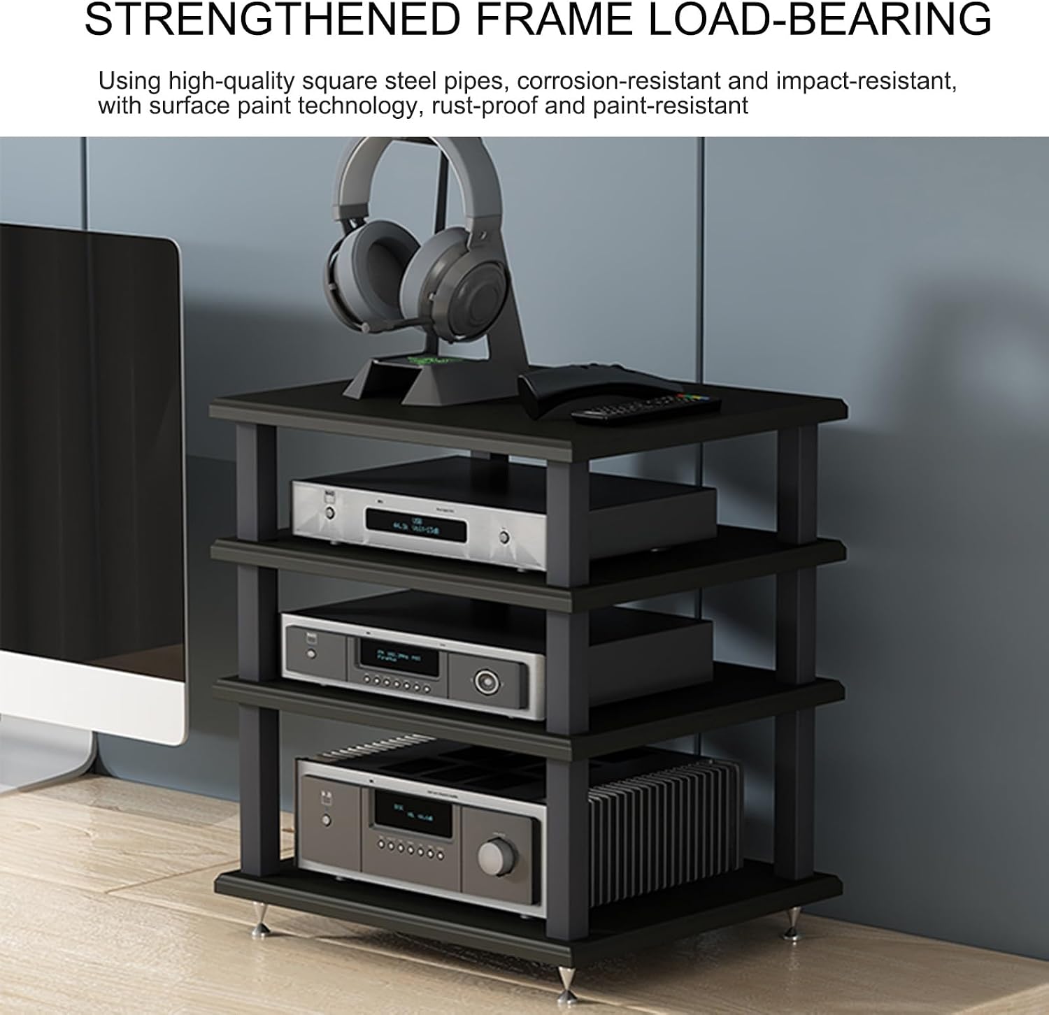 Modern Audio Rack Stand - Open Storage Media Cabinet for Stereo & CD Player - Floor-Standing Entertainment Tower with Foot Pads - Black, 40x35x35CM - Ideal for Home Theater & Office