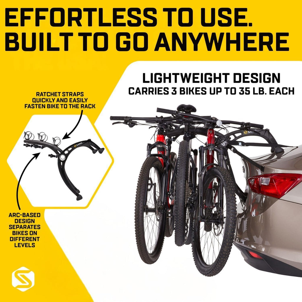 Saris Bones EX 3-Bike Trunk Rack Bicycle Carrier, Durable, Rust-Free, Anti-Sway Straps, Fits Most Vehicles, Made in USA, Arc-Based Design, 100% Recyclable Materials