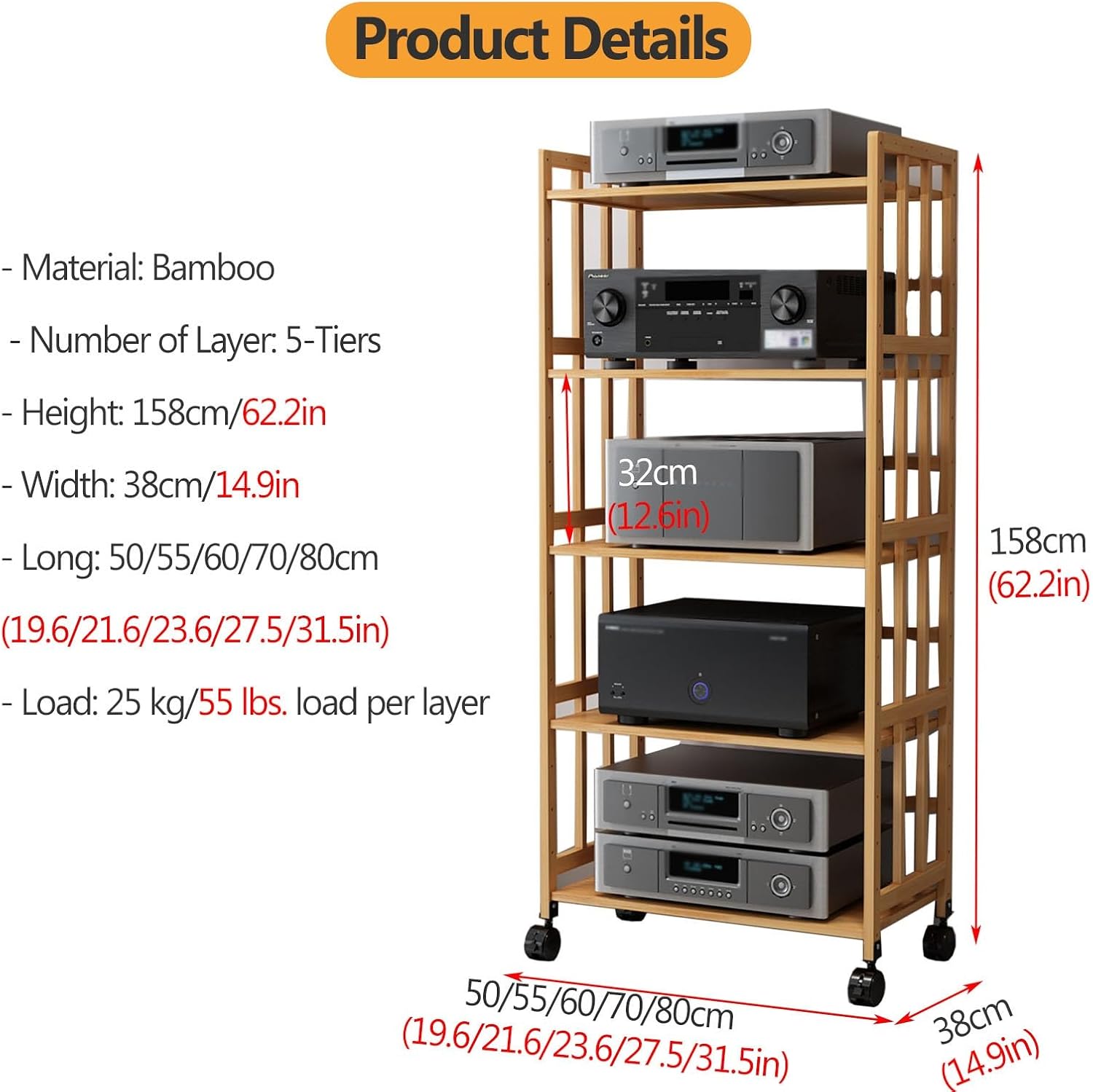 Large Capacity HiFi Audio Rack - Adjustable 5-Tier Media Cabinet for Stereo System, Heavy Duty AV Stand for Home Theater & Music Setup, 158cm Tall, Easy Assembly