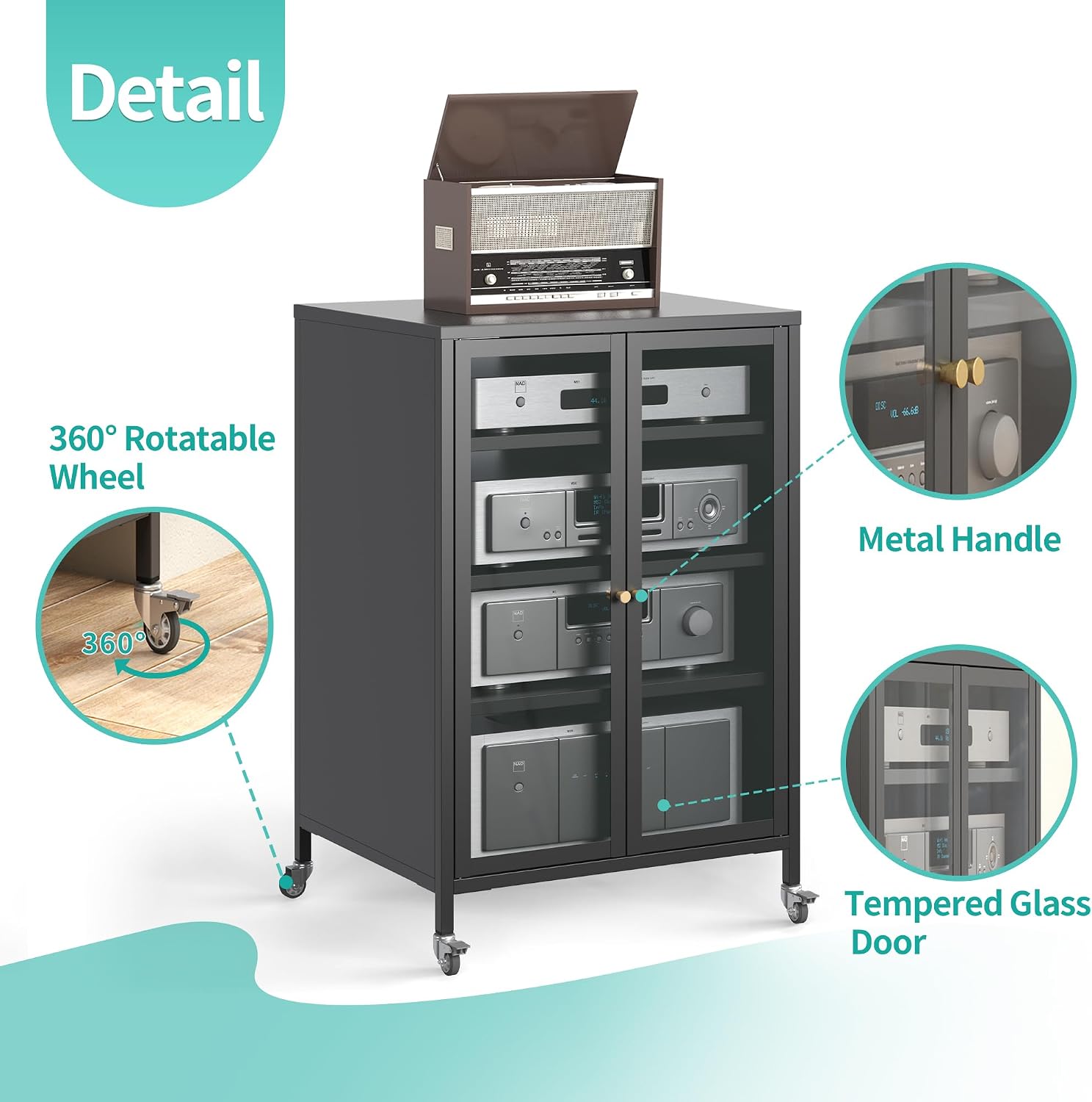 Media Cabinet with Glass Door Metal Stereo Cabinets with Adjustable Shelves 4 Tier DVD AV Storage Audio Video Rack Record Play Stand Display Cabinets for Living Room, Gaming, Recording Room – Black