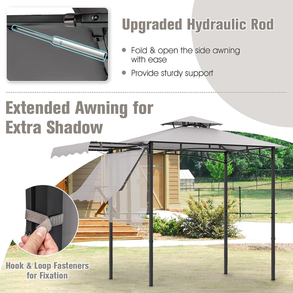 Tangkula 11x5 FT Grill Gazebo with Side Awning, 2-Tier Barbecue Gazebo with 2 Shelves, 12 Hanging Hooks, Bottle Opener, Outdoor Grill Canopy for Backyard Garden Poolside (Grey)