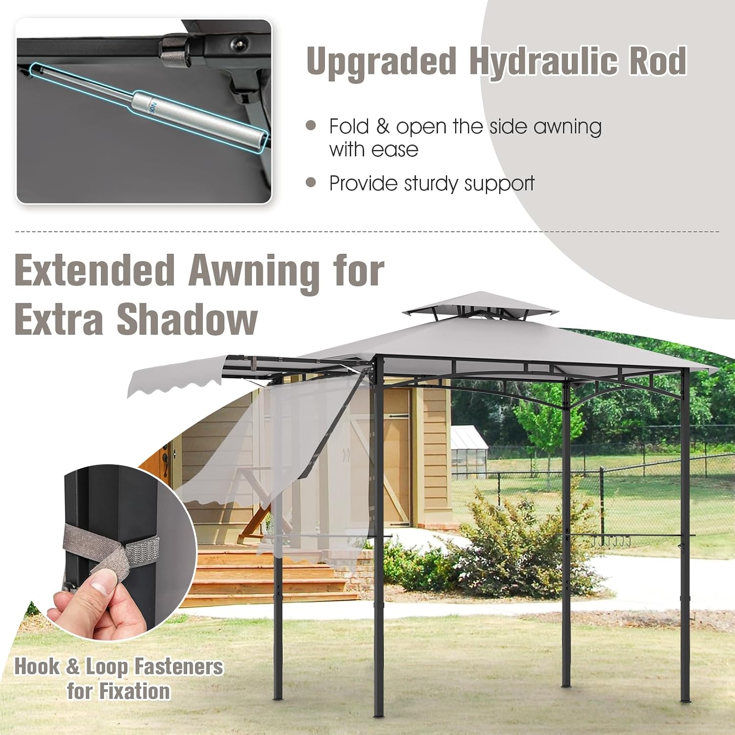 Tangkula 11x5 FT Grill Gazebo with Side Awning, 2-Tier Barbecue Gazebo with 2 Shelves, 12 Hanging Hooks, Bottle Opener, Outdoor Grill Canopy for Backyard Garden Poolside (Grey)