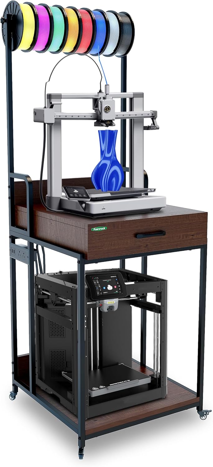 PT2GO Heavy Duty 3D Printer Table Stand with Wooden Drawer, Dual Desk 3D Printer Table, Rolling Filament Spool Holder with Power Hub for Garage Office Workshop