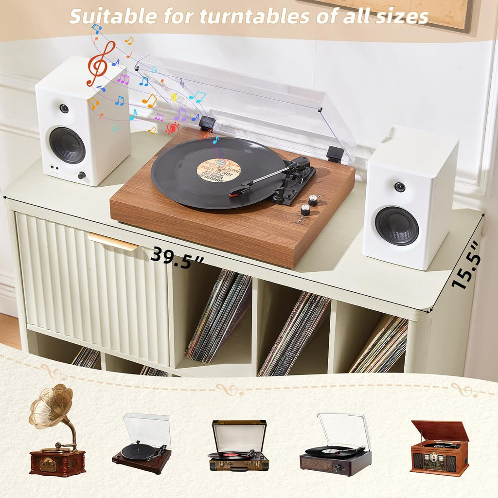 LEYAOYAO Large Record Player Stand with Vinyl Storage Up to 450 Albums, Wood Fluted Record Storage Accent Cabinet, Modern Stereo Media Cabinets, Wide Turntable Stand for Living Room, Antique White