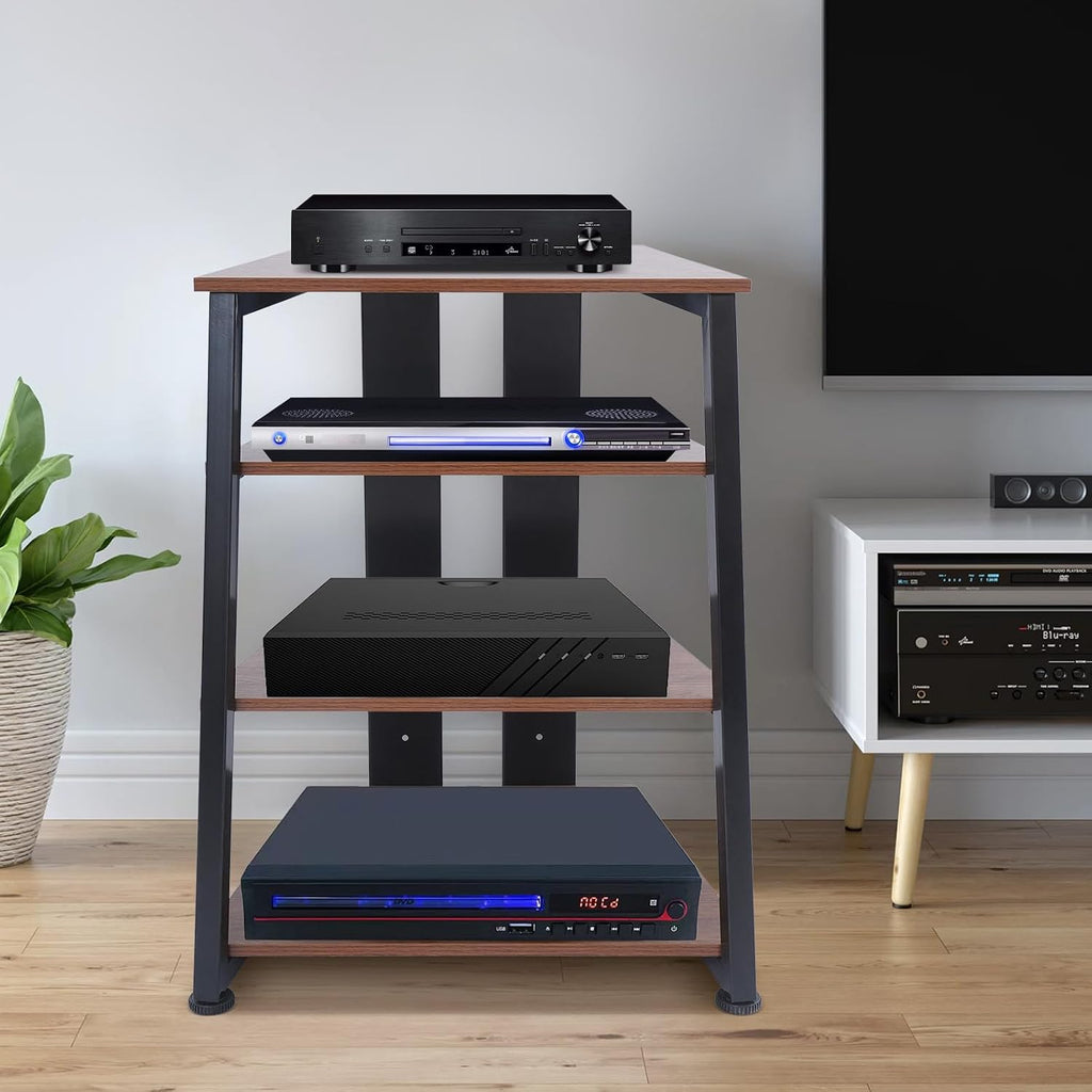 4-Tier AV Media Stand Corner Shelf Wooden Stereo Cabinet Audio Rack Tower for Audiovisual Equipment/DVD Players/CD Changers/Game Consoles