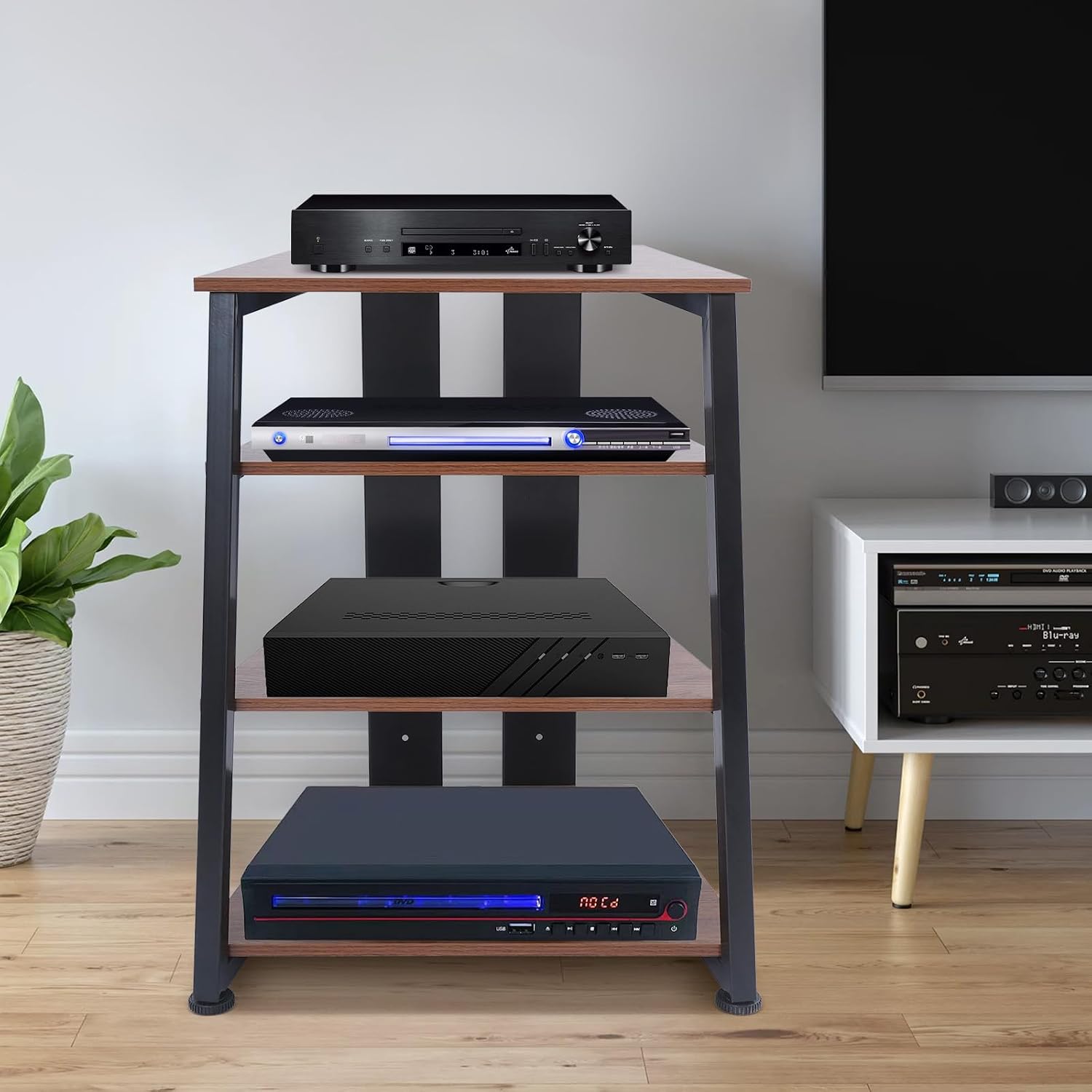 4-Tier AV Media Stand Corner Shelf Wooden Stereo Cabinet Audio Rack Tower for Audiovisual Equipment/DVD Players/CD Changers/Game Consoles