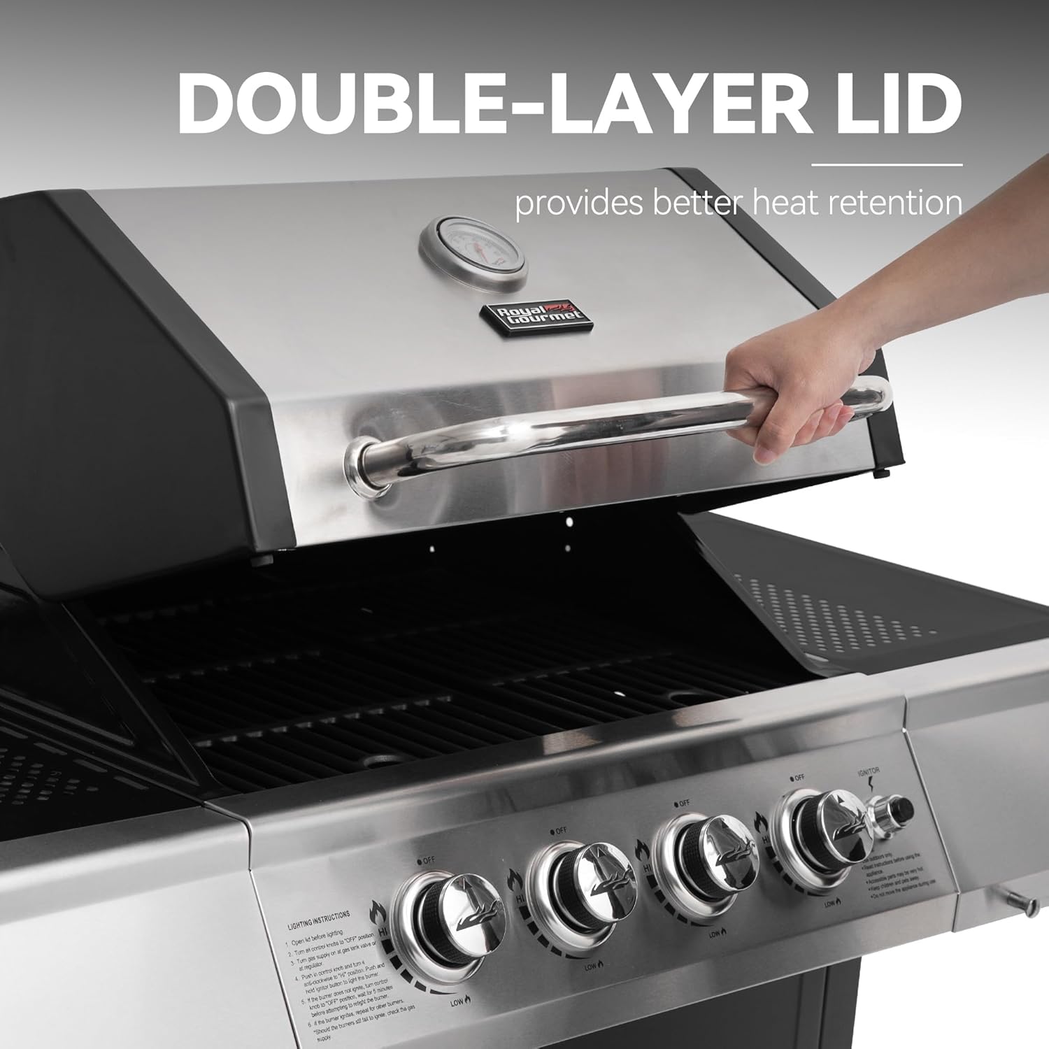 Royal Gourmet 4-Burner Propane Gas Grill with Warming Rack, Outdoor BBQ Grill with 34,000 BTUs Output for Patio Garden Barbecue Grilling, Black & Silver