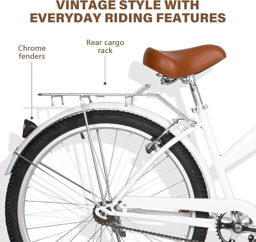 WEIZE Beach Cruiser Bike, 24 & 26 inch Commuter Bicycle for Adult Men and Women,High-Carbon Steel/Front & Rear Fenders, Comfortable City Bikes with Rear Rack or Basket, Ergonomic Upright Design