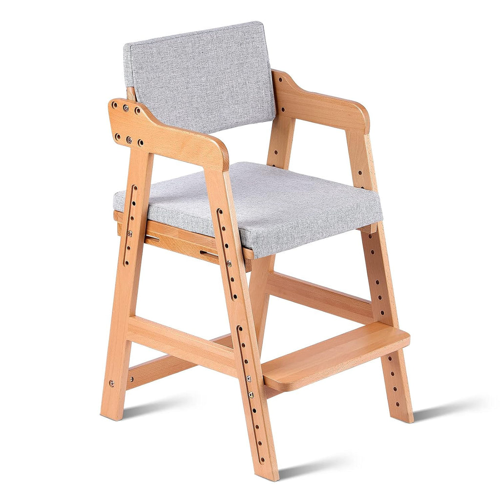 Ezebaby Wooden High Chair for Toddlers to Teens Adjustable Kids Learning Chair with Steps, Child Seats with Removable Cushion (Natural Color)
