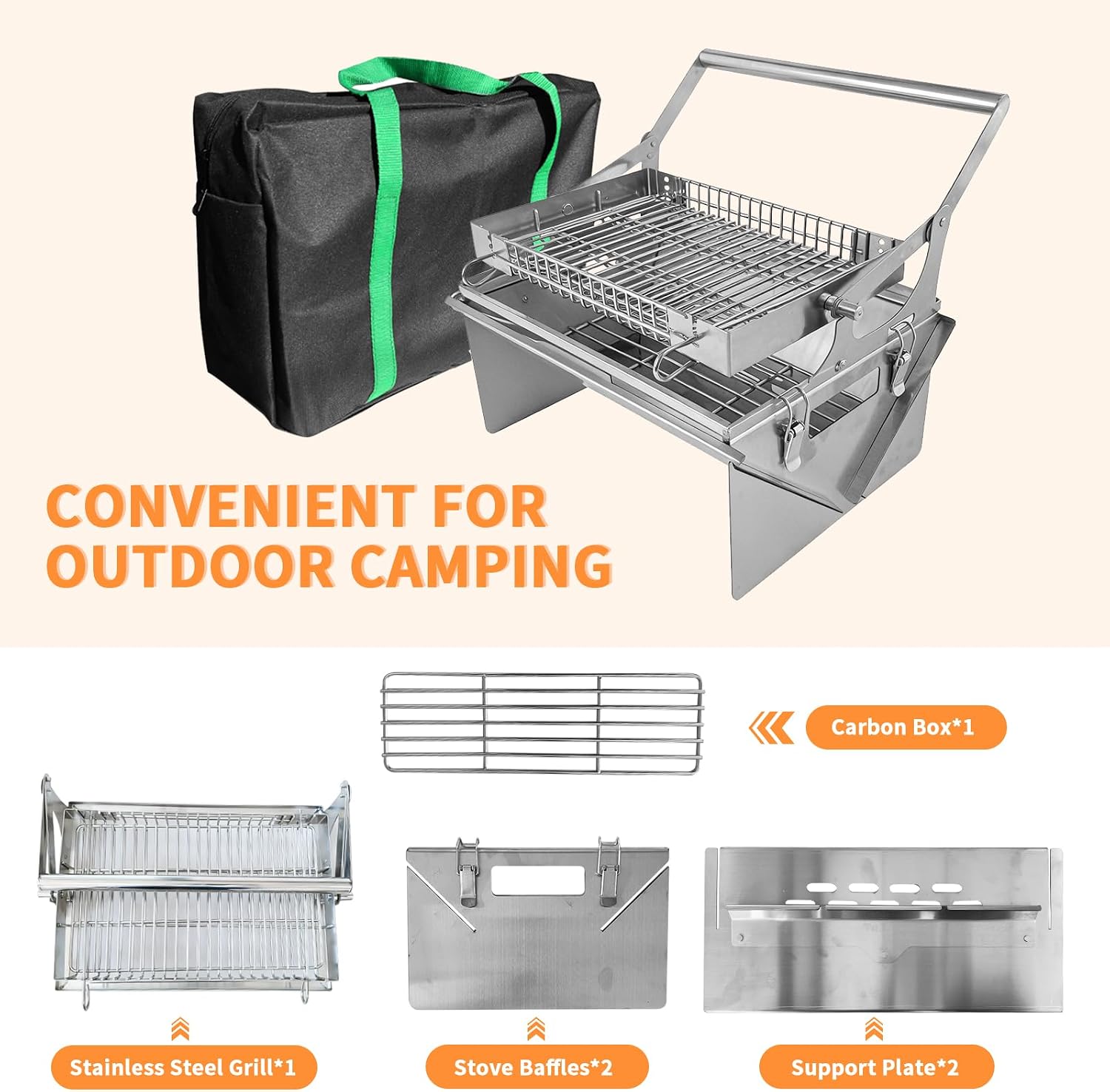 Portable 360°Rotating Charcoal Grill with Flipping Basket - 304 Stainless Steel Barbecue Grill for Camping, Tailgating, and Outdoor Adventures, Easy to Disassemble, Includes BBQ Bag New Upgrade