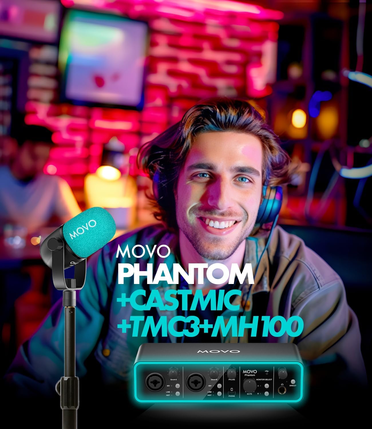 Movo Podcasting Equipment Bundle - Phantom USB Audio Interface, 2 CastMic XLR Dynamic Microphones, 2 Desk Stands and Headphones - Complete Studio Setup for Professional Podcasting and Streaming