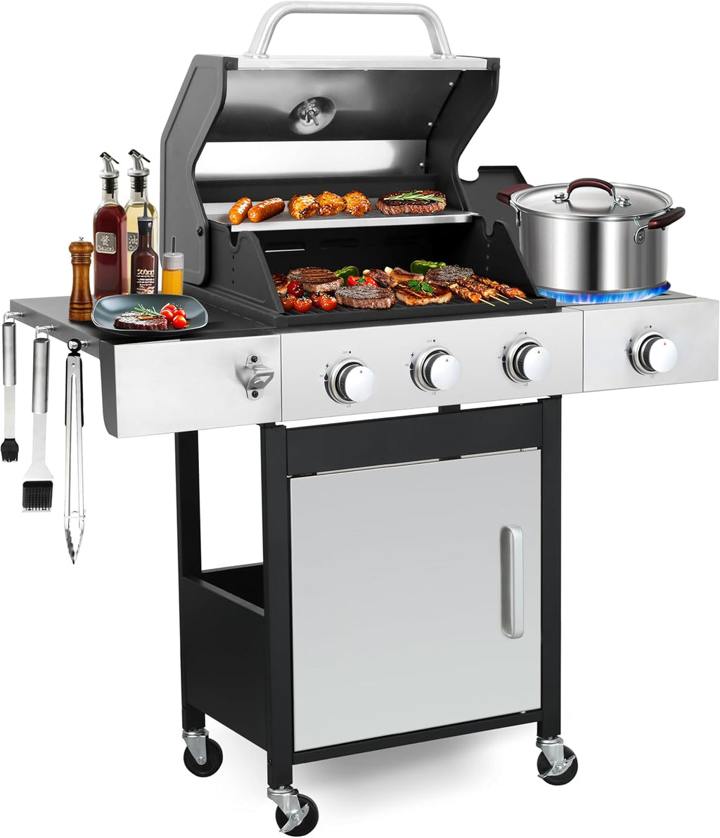 39000 BTU Output Propane Gas Grill with Side Burner and 3 Main Burners - Double-layer Stainless Steel Lid, Cast Iron Grids, Easy-Clean Grease Management & Even Heat Distribution for Perfect BBQs