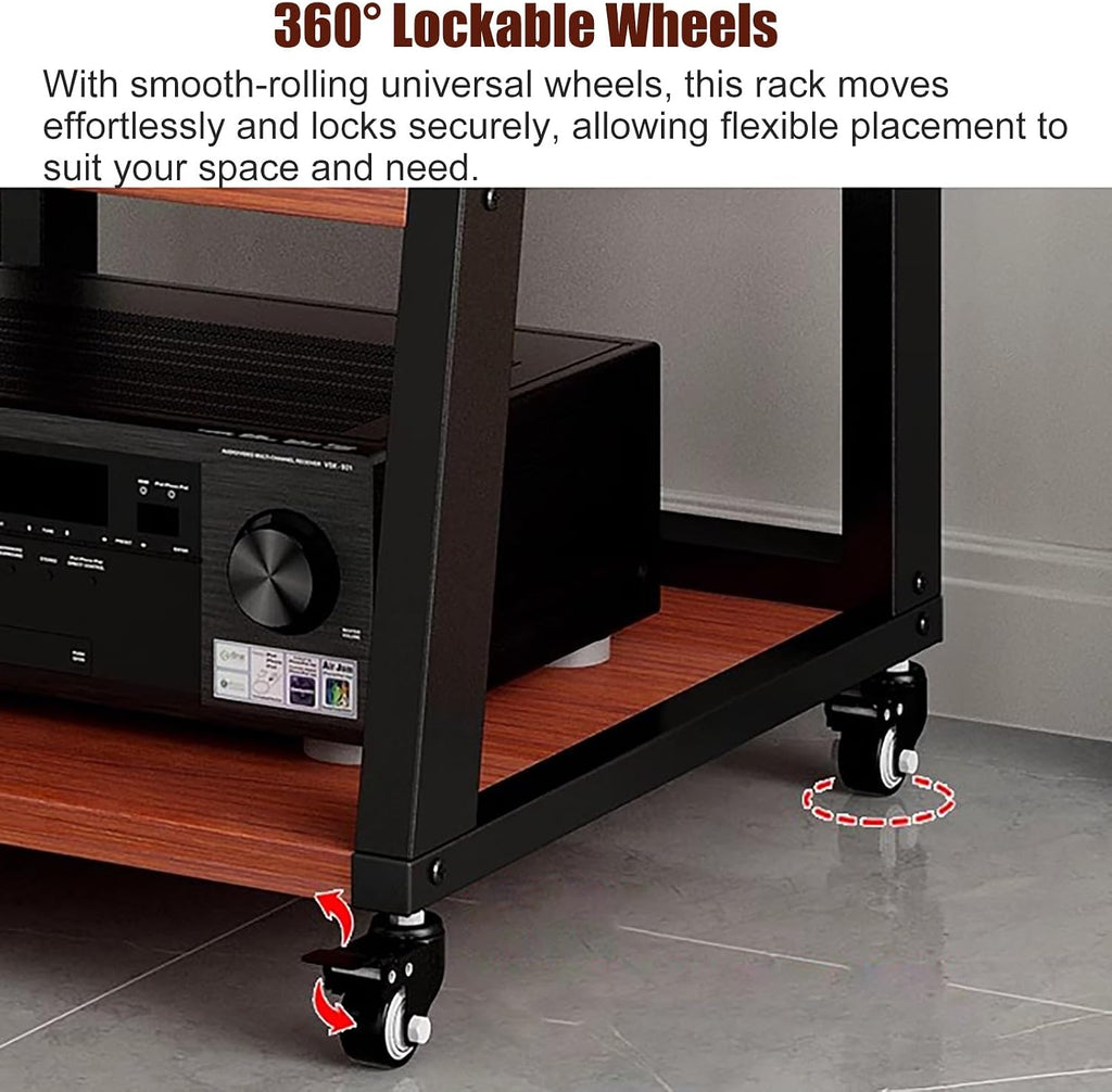 Heavy Duty Rolling Audio Rack Tower - 5-Tier Media Stereo Stand with Wheels Commercial Grade Equipment Shelves for Home HiFi System - Black Finish-Black-2 Shelf