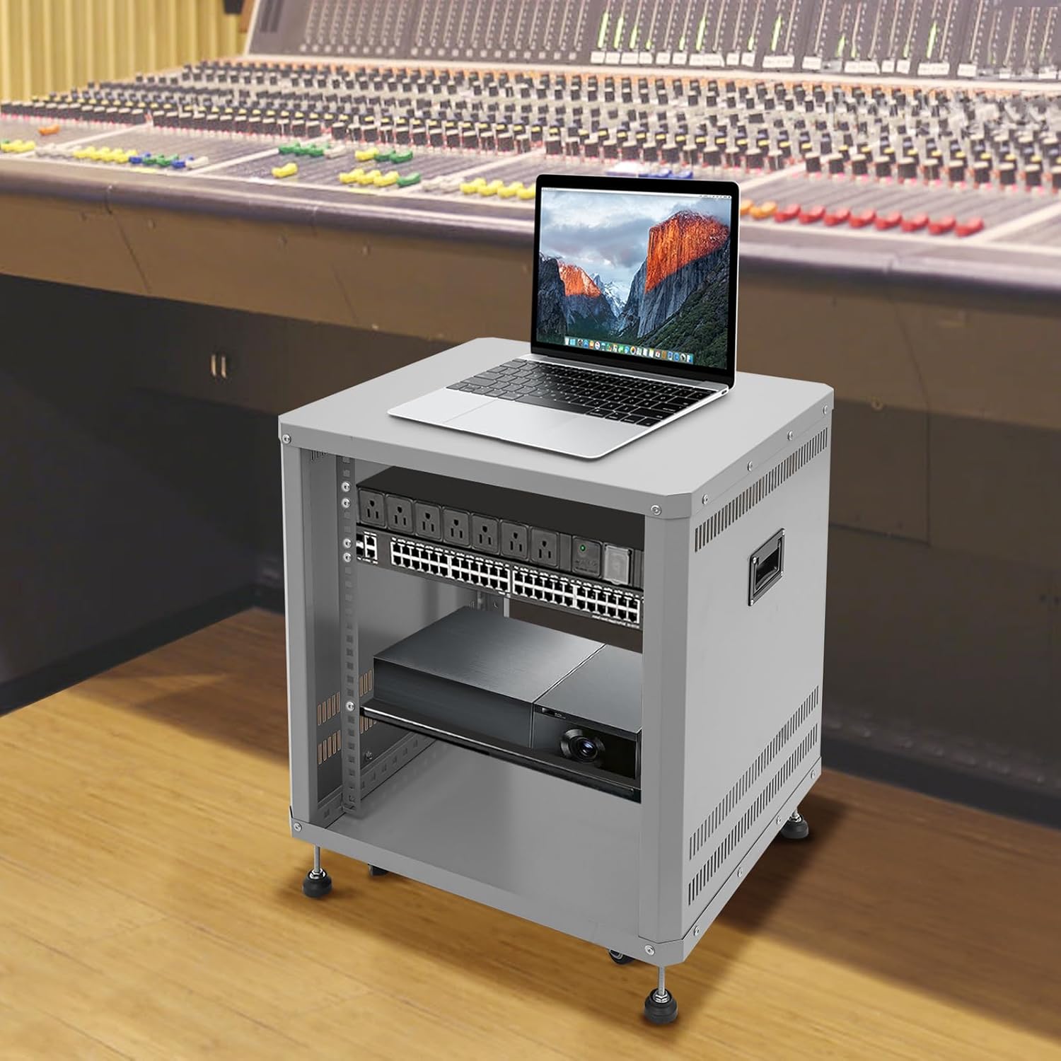 Network Audio Rack with Wheels, Steel Server Rack Cabinet for AV Equipment, Amplifiers, Network Gear, Rolling Universal Rack with Cable Management & Ventilation (Gray, 12U)