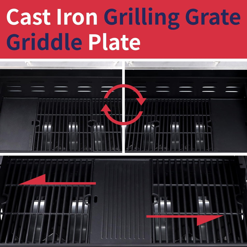 69000 BTU Output Propane Gas Grill with Side Burner and 6 Main Burners - Double-layer Stainless Steel Lid, Cast Iron Grids and Plate, Easy-Clean Grease Management for Perfect BBQs