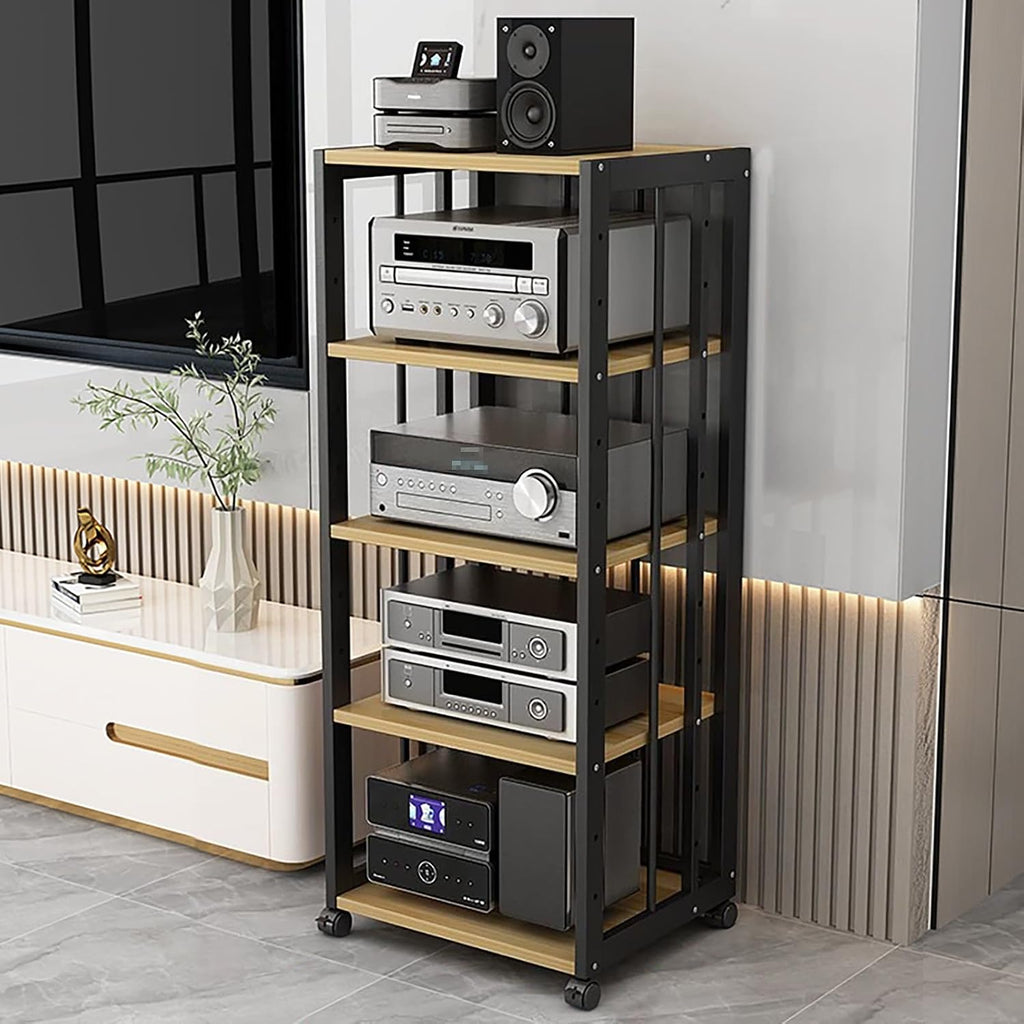 AV Component Media Stand - 5-Tier Adjustable Media Storage Cabinet with Movable Shelves, Steel Frame, 200kg Load Capacity, Black & Natural Finish, Perfect for Stereo & Audio Equipment, 50x40x109cm