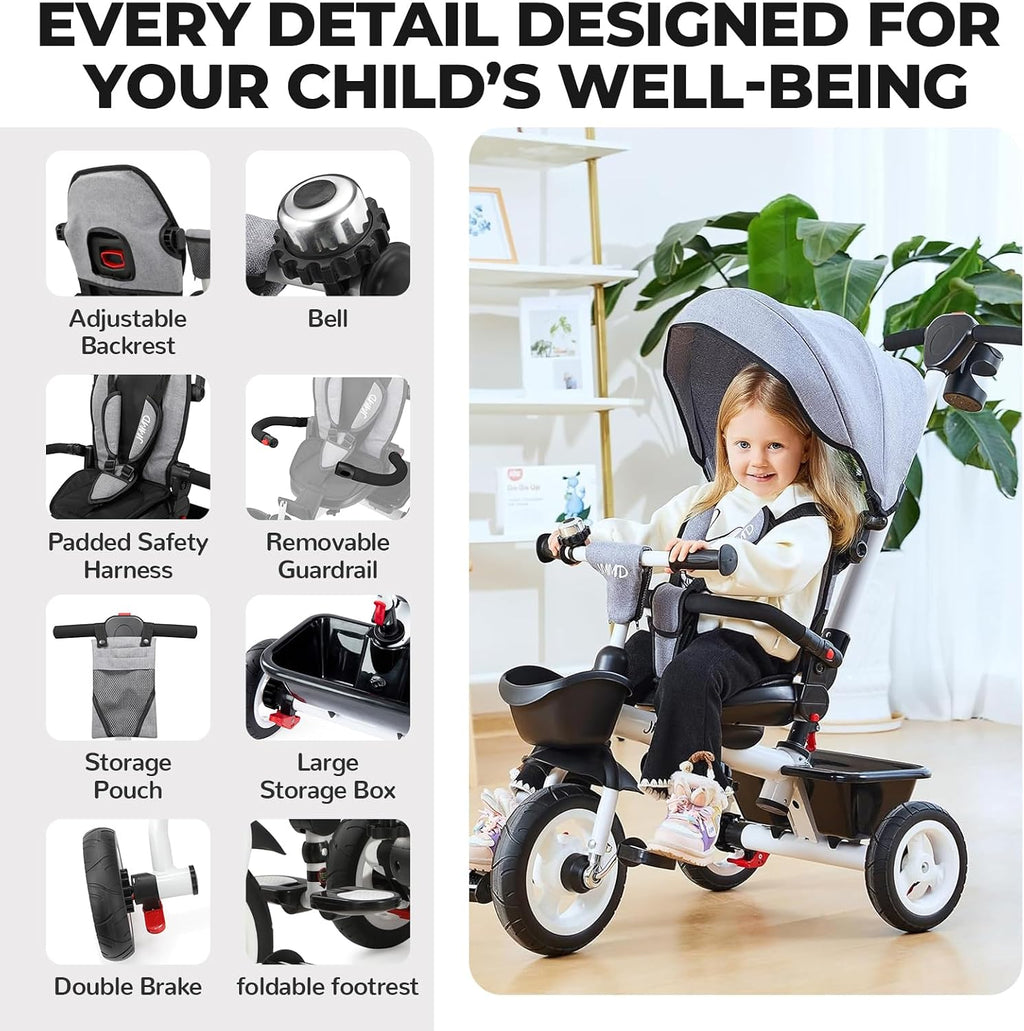 JMMD 7 in 1 Tricycle Stroller with Push Handle, Baby Trike with 360° Swivel Seat, Reclining Backrest, All-Terrain Wheels, Dual Brakes, Canopy & Storage, Gift for Kids 18 Months to 5 Years, Gray