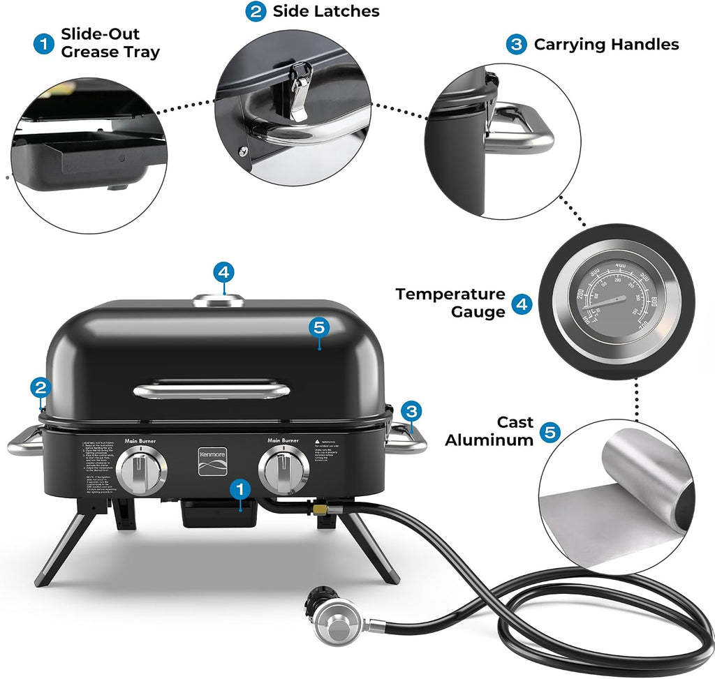 Kenmore Portable Propane Gas Grill - Tabletop BBQ Grill with Warming Rack, 2 Stainless Steel Burners with 14,000 BTUs, for Outdoor Kitchen, Camping, Black