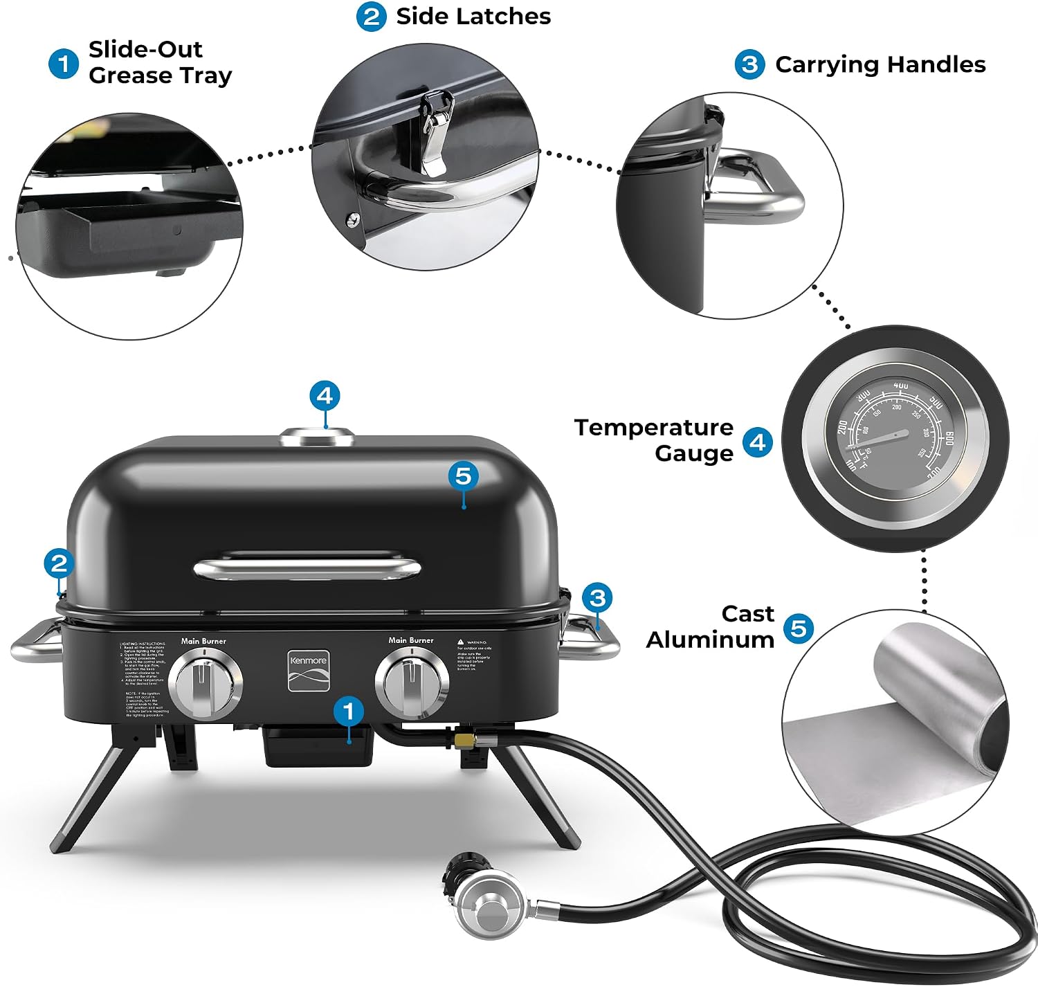 Kenmore Portable Propane Gas Grill - Tabletop BBQ Grill with Warming Rack, 2 Stainless Steel Burners with 14,000 BTUs, for Outdoor Kitchen, Camping, Black