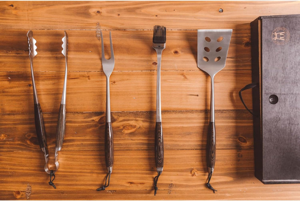Schmidt Brothers - BBQ Carbon 6, 4-Piece Grilling Accessory Set, Full-Forged Stainless Steel Grilling Utensils Including Spatula, Fork, Basting Brush, and Tongs with All Wood Handles