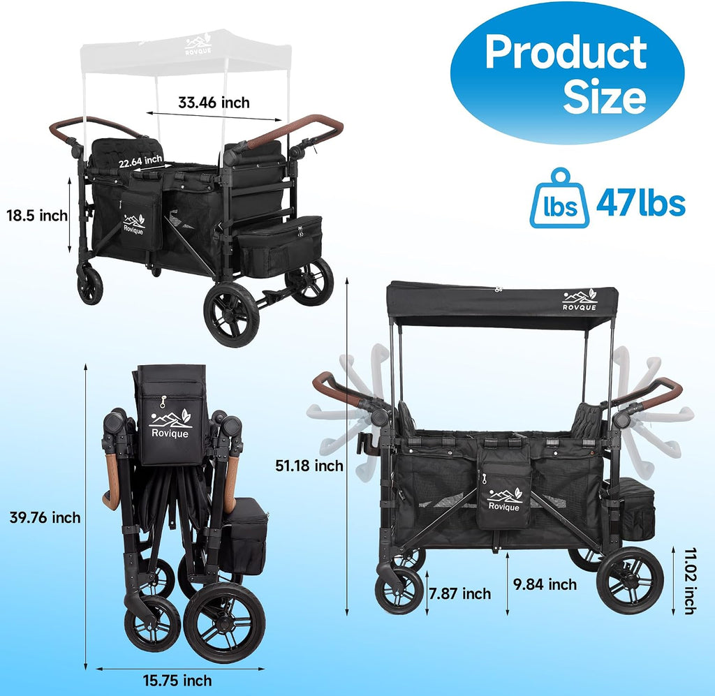 Rovique 4 Seater Wagon Stroller – Deluxe Quad Wagon for 4 Kids with Snack Trays,All-Terrain Wheels,Push Handle, Canopy,Aluminum Frame – Gift for Baby Showers,New Parents,Birthdays