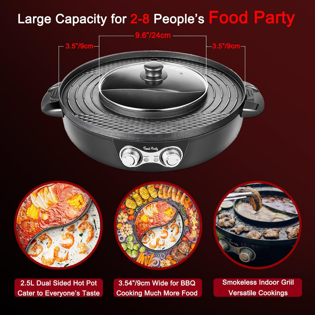 Food Party Hot Pot Electric Korean BBQ Grill 2 in 1 Hotpot Smokeless Indoor Grill Removable Cooking Plate Easy Cleaning 110V 1800W Shabu Shabu Pot with Divider